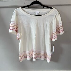 Tribal Jeans White Cream Pink Striped Top with Stitching Detail